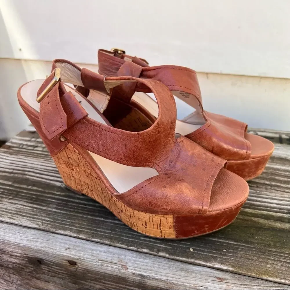 Franco Sarto A-Xenon cognac brown leather wedge sandals 8M